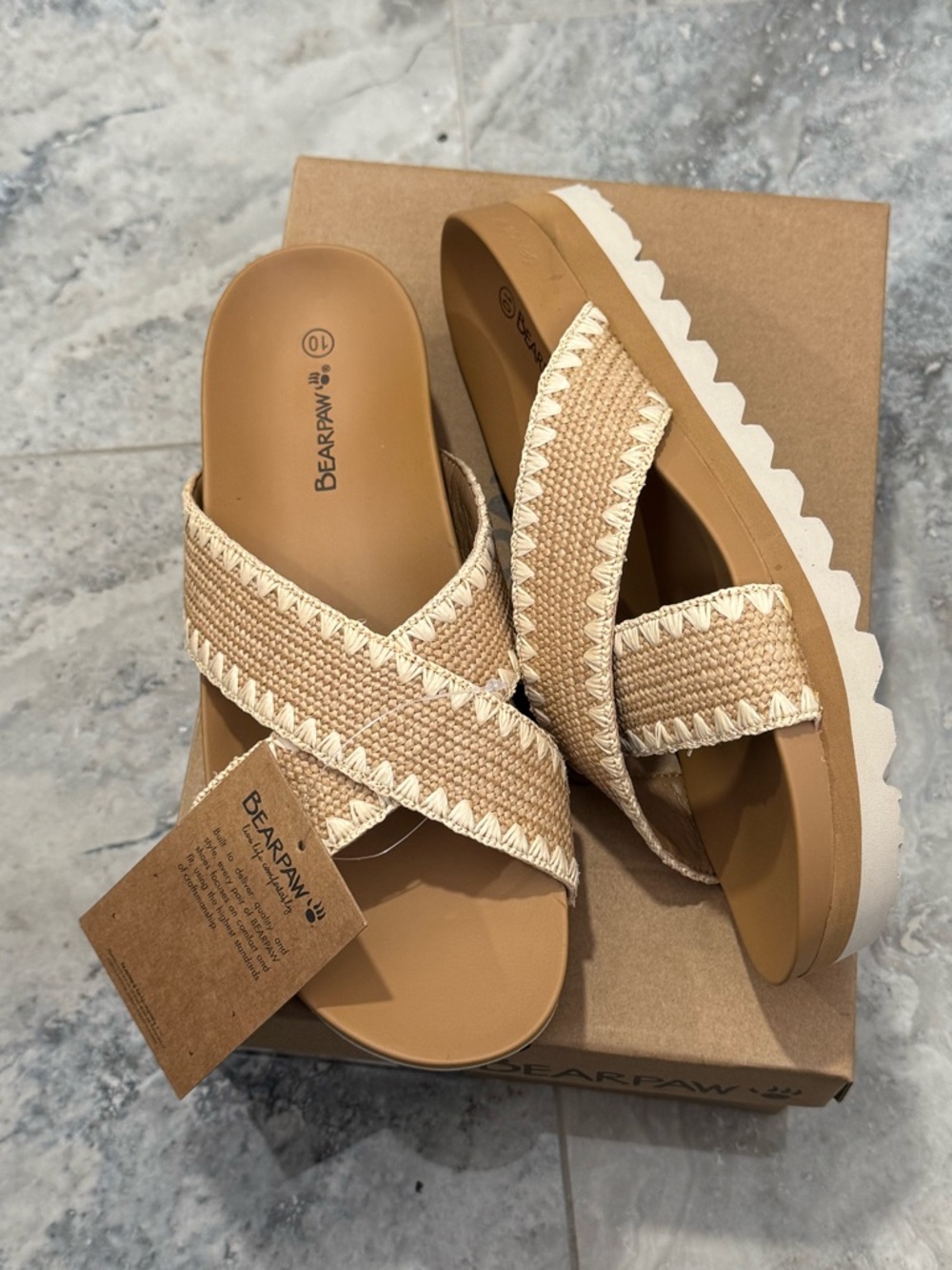 BearPaw Tan Woven Crisscross Platform Slide Sandal